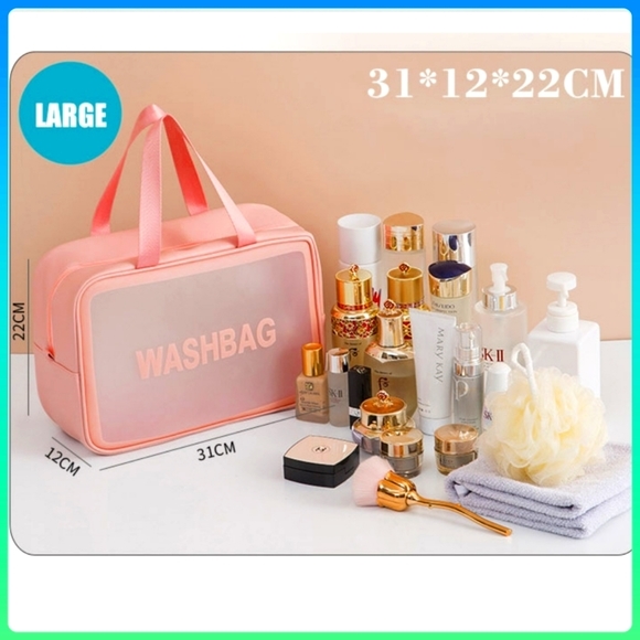White or pink waterproof make up toiletries travel storage bag zippered Large - Picture 6 of 8